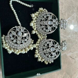 Maria B Bridal Artificial Jewelry Set Silver Kundan Earrings & Tikka